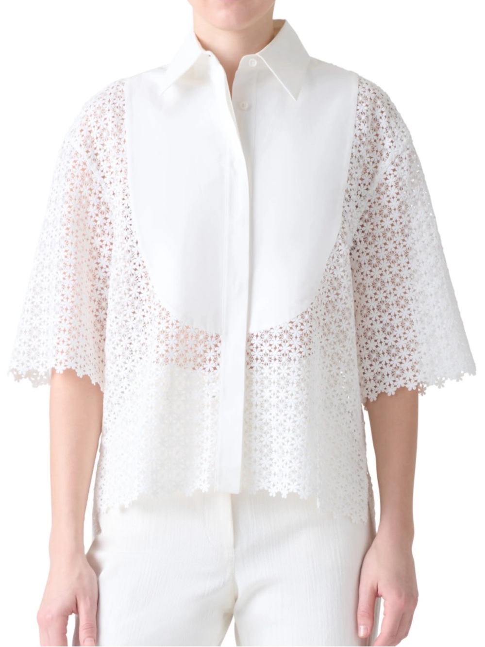 Akris Punto White Eyelet Lace Short-Sleeve Blouse